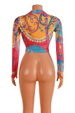 Pink Fashion Casual Print Bandage Turndown Collar Tops