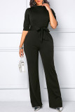 Deep Blue Casual Solid Patchwork With Belt Half A Turtleneck Straight Jumpsuits