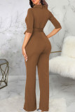 Deep Blue Casual Solid Patchwork With Belt Half A Turtleneck Straight Jumpsuits