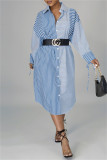 Blue Fashion Casual Striped Print Patchwork Frenulum Turndown Collar Shirt Dress (Without Belt)