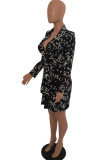 Black Fashion Casual Letter Print Basic Turndown Collar Long Sleeve Dresses