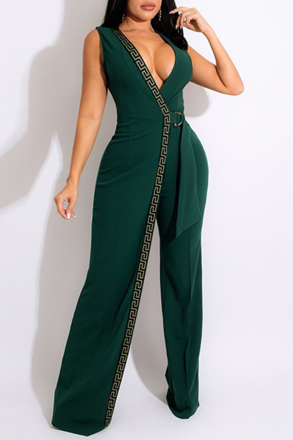 Green Sexy Elegant Print Patchwork With Belt V Neck Straight Jumpsuits