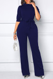 Deep Blue Casual Solid Patchwork With Belt Half A Turtleneck Straight Jumpsuits
