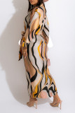 Brown Casual Print Patchwork Buckle With Belt Turndown Collar Shirt Dress Dresses