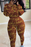 Orange Fashion Casual Print Basic O Neck Long Sleeve Two Pieces