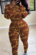 Orange Fashion Casual Print Basic O Neck Long Sleeve Two Pieces
