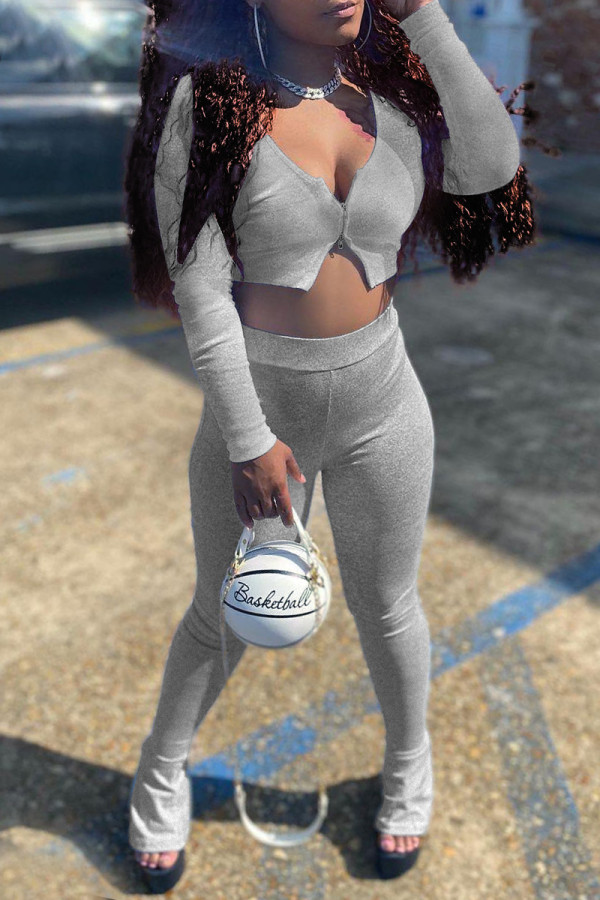 Grey Fashion Casual Solid Basic V Neck Long Sleeve Two Pieces