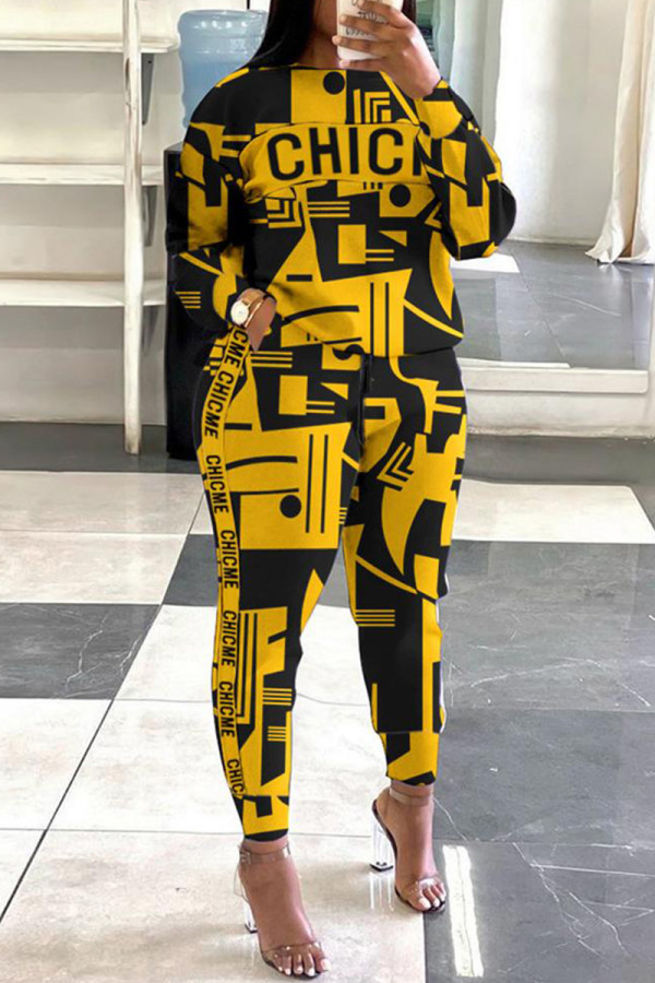 Yellow Fashion Casual Print Basic O Neck Long Sleeve Two Pieces