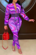Purple Sexy Print Patchwork Zipper Collar Long Sleeve Two Pieces
