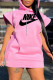 Pink Fashion Street Print Patchwork Hooded Collar One Step Skirt Dresses