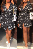 Black Fashion Casual Letter Print Basic Turndown Collar Long Sleeve Dresses