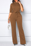 Deep Blue Casual Solid Patchwork With Belt Half A Turtleneck Straight Jumpsuits