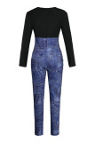Black Fashion Casual Letter Print Ripped Patchwork O Neck Skinny Jumpsuits