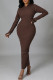 Coffee Casual Solid Patchwork Hooded Collar Pencil Skirt Dresses