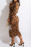 Brown Casual Print Patchwork Buckle With Belt Turndown Collar Shirt Dress Dresses