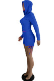Blue Casual Sportswear Solid Draw String Frenulum Hooded Collar Long Sleeve Two Pieces