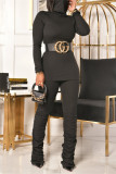 Black Fashion Casual Solid Fold Turtleneck Long Sleeve Two Pieces