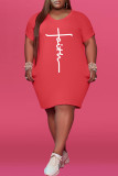 Pink Fashion Casual Print Basic V Neck Short Sleeve Dress