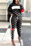 Black Fashion Casual Patchwork Printing O Neck Long Sleeve Two Pieces