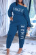 Blue Fashion Casual Letter Print Fold Oblique Collar Regular Jumpsuits
