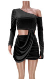 Black Sexy Solid Patchwork Fold Asymmetrical Oblique Collar One Step Skirt Dresses