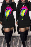 Black Fashion Casual Lips Printed Basic Half A Turtleneck Long Sleeve Dresses