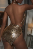 Gold Fashion Sexy Leopard Patchwork Backless Halter Sleeveless Two Pieces