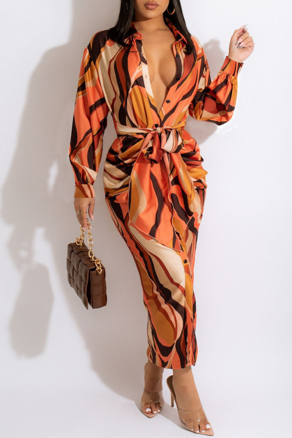 Orange Casual Print Patchwork Buckle With Belt Turndown Collar Shirt Dress Dresses