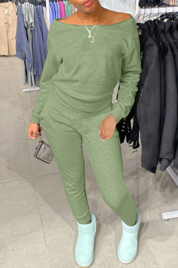 Green Fashion Casual Solid Basic O Neck Long Sleeve Two Pieces