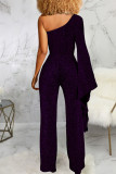 Blue Sexy Solid Patchwork Asymmetrical Oblique Collar Straight Jumpsuits