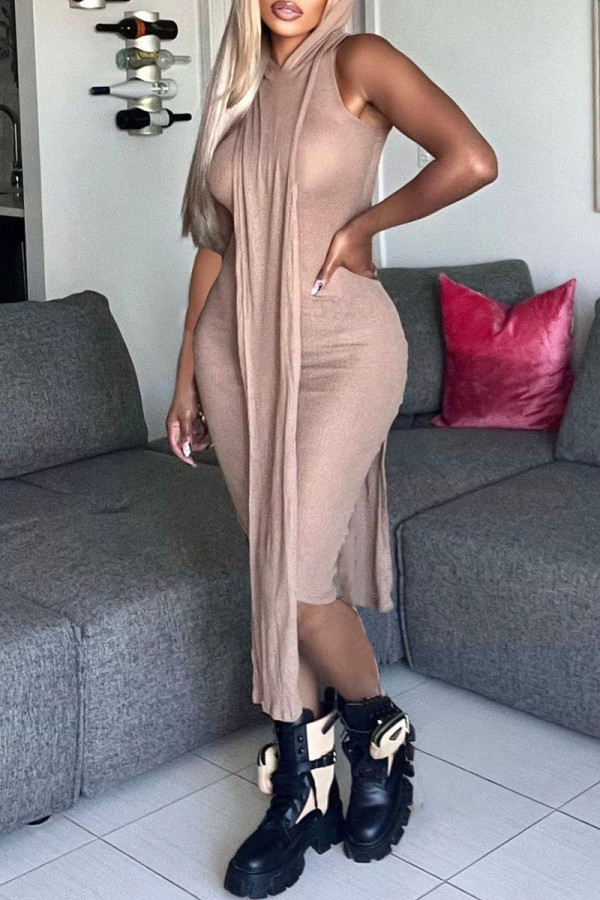 Khaki Fashion Sexy Solid Basic Hooded Collar Sleeveless Two Pieces
