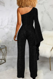Blue Sexy Solid Patchwork Asymmetrical Oblique Collar Straight Jumpsuits