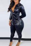 Black Sexy Solid Patchwork Buckle Turndown Collar Long Sleeve Two Pieces