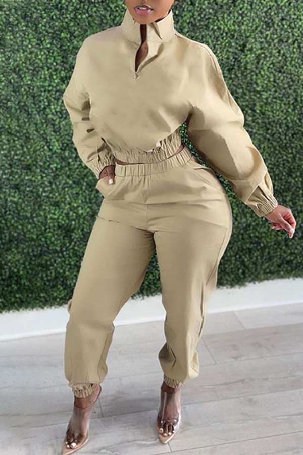 Khaki Casual Solid Patchwork Zipper Collar Long Sleeve Two Pieces