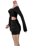Black Sexy Solid Patchwork Fold Asymmetrical Oblique Collar One Step Skirt Dresses