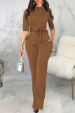 Deep Blue Casual Solid Patchwork With Belt Half A Turtleneck Straight Jumpsuits