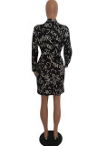 Black Fashion Casual Letter Print Basic Turndown Collar Long Sleeve Dresses