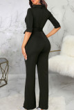 Deep Blue Casual Solid Patchwork With Belt Half A Turtleneck Straight Jumpsuits