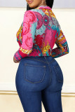 Pink Fashion Casual Print Bandage Turndown Collar Tops