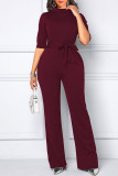 Deep Blue Casual Solid Patchwork With Belt Half A Turtleneck Straight Jumpsuits