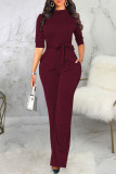 Deep Blue Casual Solid Patchwork With Belt Half A Turtleneck Straight Jumpsuits