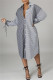 Black Gray Fashion Casual Striped Print Patchwork Frenulum Turndown Collar Shirt Dress (Without Belt)