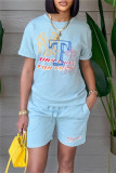 Baby Blue Fashion Casual Letter Print Basic O Neck Short Sleeve Two Pieces