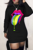 Black Fashion Casual Lips Printed Basic Half A Turtleneck Long Sleeve Dresses
