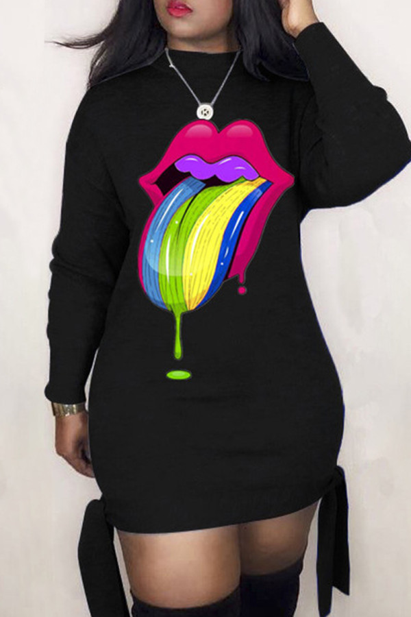 Black Fashion Casual Lips Printed Basic Half A Turtleneck Long Sleeve Dresses