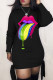 Black Fashion Casual Lips Printed Basic Half A Turtleneck Long Sleeve Dresses