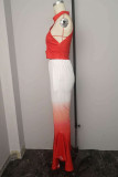Red Sexy Casual Gradual Change Print Hollowed Out Turtleneck Sleeveless Two Pieces