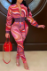 Red Sexy Print Patchwork Zipper Collar Long Sleeve Two Pieces