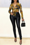 Pink Fashion Casual Print Bandage Turndown Collar Tops