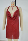 Red Fashion Sexy Patchwork Backless Slit Halter Sleeveless Dress